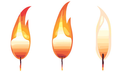 Vector set of three candle flames on transparent background, burning wax candlelight, realistic fire glow, warm light effect, isolated illumination, flickering flame