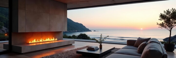 Sleek fireplace, panoramic ocean view, contemporary living space, space, architecture