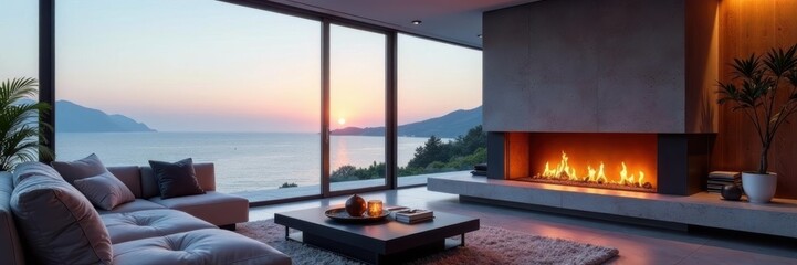 Sleek fireplace, panoramic ocean view, contemporary living space, space, sun, modern design