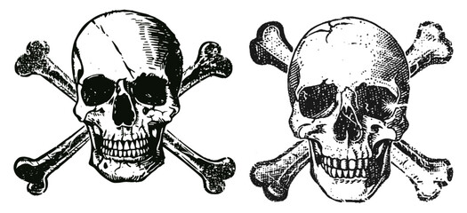 Skull and crossbones vector retro stencil illustration with distressed grunge texture stamp isolated on transparent background, gothic design, toxic hazard, skeleton icon