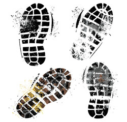 Shoe prints vector with grunge stamp texture, rough sole imprint, boot tread, dirty footprint, isolated on transparent background, muddy shoe tracks, rugged sole pattern