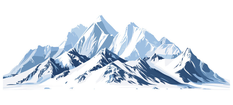 Snowy mountains vector, winter landscape, isolated transparent PNG, white background, cold nature scenery, ice-covered peaks, mountain ridge, frosty alpine terrain