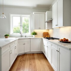 White shaker cabinets offset rich oak floor's natural tones , bright kitchen, wood