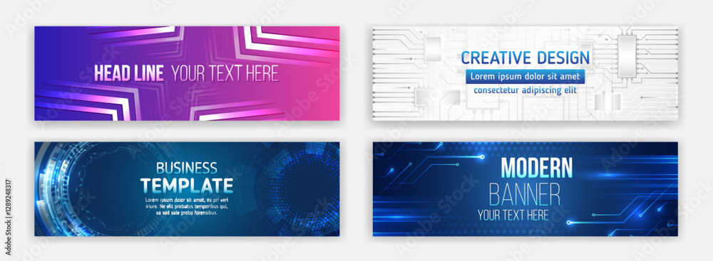 Poster High-tech horizontal banner template. Modern banner design with technology element. Data protection, internet communication, science, big data, cover design set. Sci-fi vector sample concept.