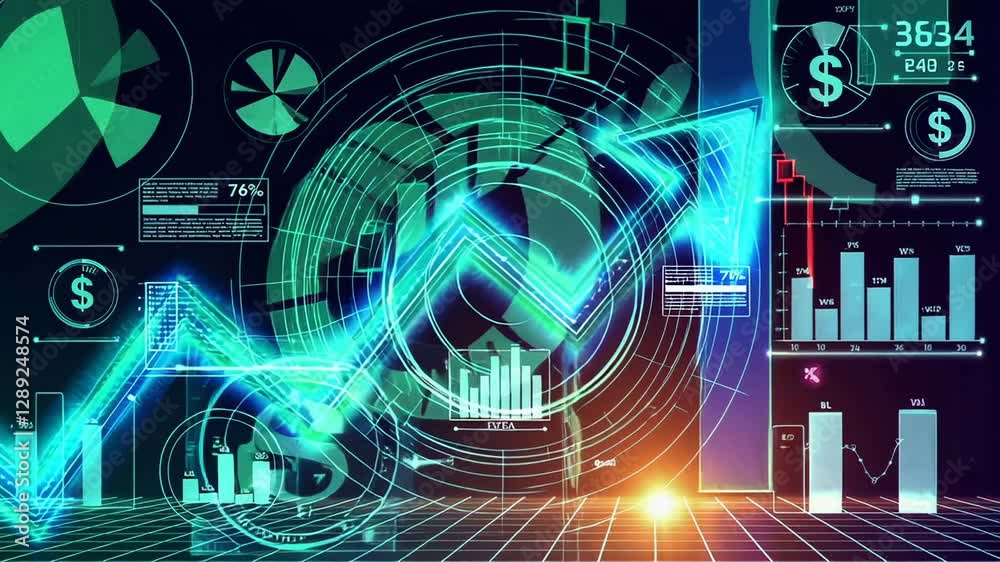 Poster glowing upward trending arrows symbolize positive growth in finance, overlaid with various business 