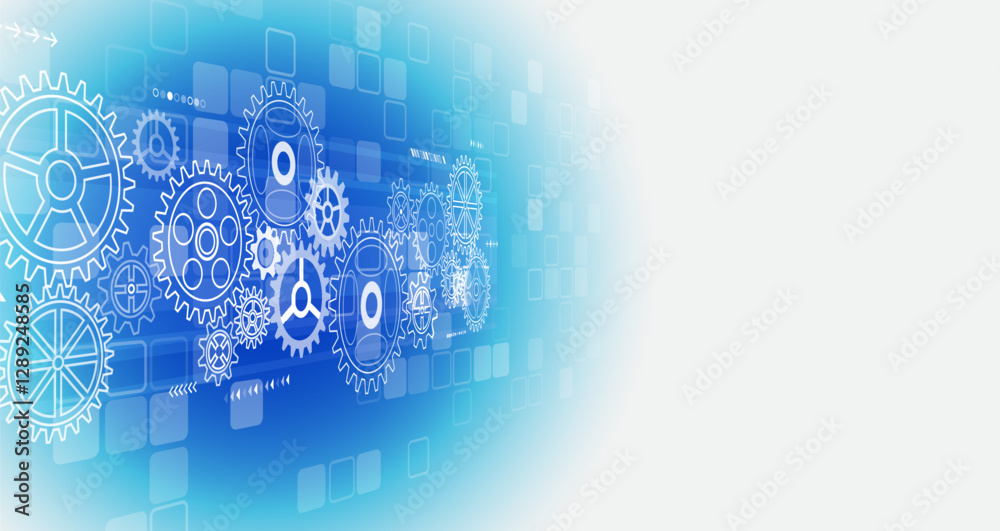 Poster Cogwheel for science experiment presentation. Mechanical engineering concept. Business and industry internet banner. The mechanism consisting of gears on a blue background for the presentation.