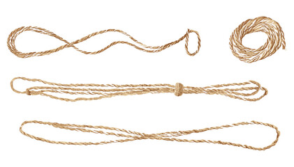 Rope vector set, string top view, isolated on white, twisted rope, strong fiber, realistic cord, hemp rope, marine rope, braided string, coiled rope, loop knot, durable rope