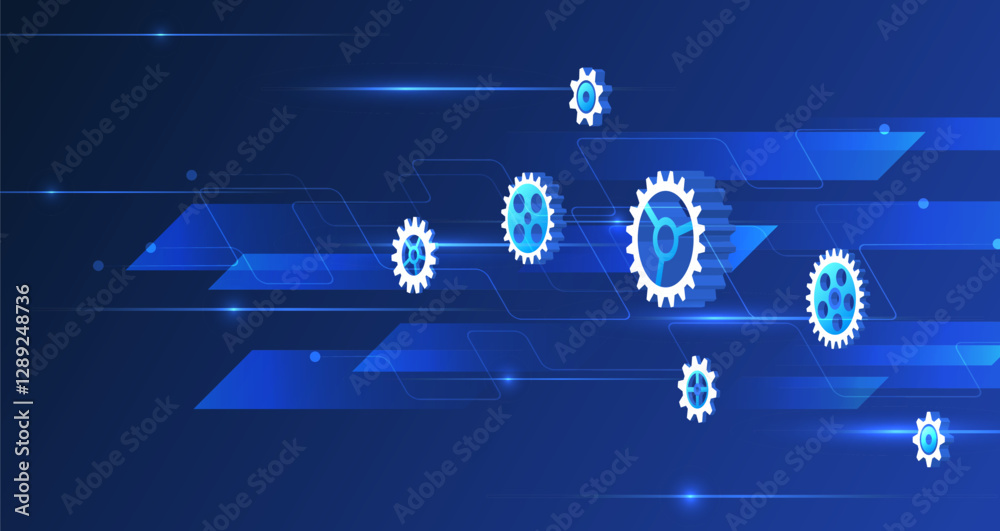 Aufkleber Business and industry internet banner. The mechanism consisting of gears on a blue background for the presentation. Cogwheel for science experiment presentation. Mechanical engineering concept.