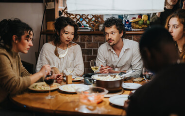 Several friends gather around a table indoors, enjoying food, drinks, and meaningful conversation.