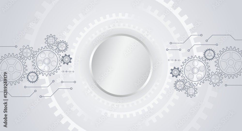 Poster Mechanical engineering concept. Business and industry internet banner. The mechanism consisting of gears on a grey background for the presentation. Cogwheel for science experiment presentation.