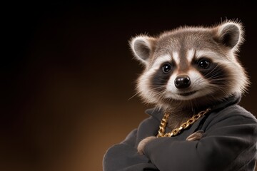 Obraz premium Businessman with raccoon head in charcoal suit and gold chain stands proudly in studio lighting