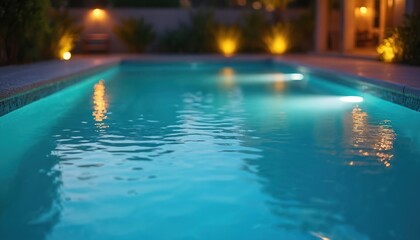 Clean pool illuminated by soft warm lighting at night with reflections dancing on the water. Tranquil turquoise water and inviting atmosphere for evening relaxation at poolside. Generative AI.