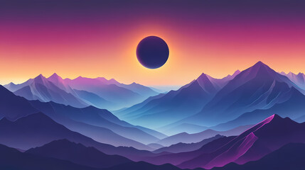 Fototapeta premium Stunning solar eclipse over rugged mountains during twilight. Solar Eclipse Over Mountains. Illustration
