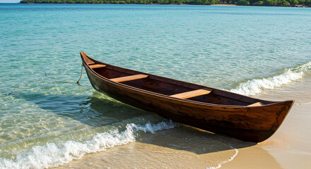 Wooden rowboat rests on tranquil beach.