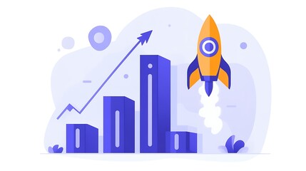 Obraz premium Rocket Launch Over Bar Graph Illustration, Illustration of a rocket launching over a bar graph, symbolizing growth and progress