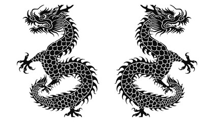 Symmetrical Chinese dragon stencil illustrations in black ink, vector isolated on transparent background, Lunar New Year 2026, Year of the Dragon, traditional Asian art