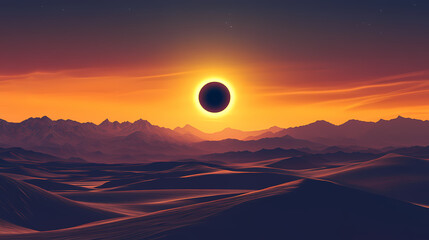 Fototapeta premium Total solar eclipse over desert mountains. solar plains. illustration. Solar Eclipse Over Mountains. Illustration