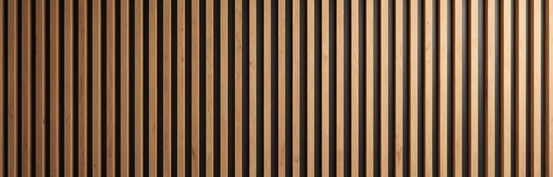 Wood wall panel background with vertical slats. Natural material texture for interior design, backdrop. Brown hardwood planks create striped pattern, rustic decor element. Modern eco style.