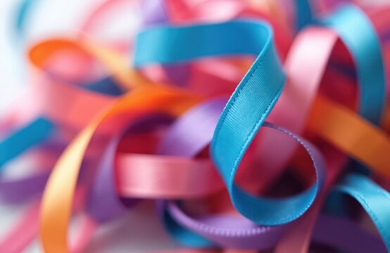 Colorful ribbons represent support for various causes as cancer awareness, autism awareness. Ribbons in pink, purple, blue, orange colors symbolize solidarity, hope. Background image suitable for