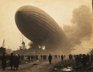 Vintage shot of Hindenburg disaster. Zeppelin burns after fiery explosion. People watching tragic airship accident, catastrophic aviation event 1937 in Lakehurst, New Jersey. Catastrophe background.