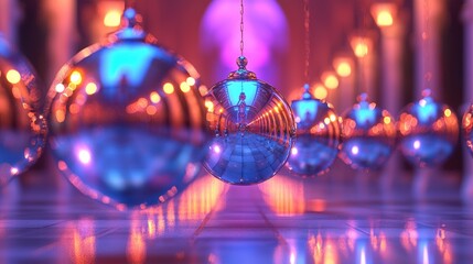 Obraz premium Reflective spheres hang in vibrant hall; background glows. Use Abstract art, design