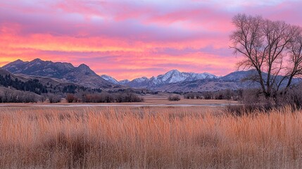 Fototapeta premium Sunrise over mountain valley, snowy peaks, tall grasses