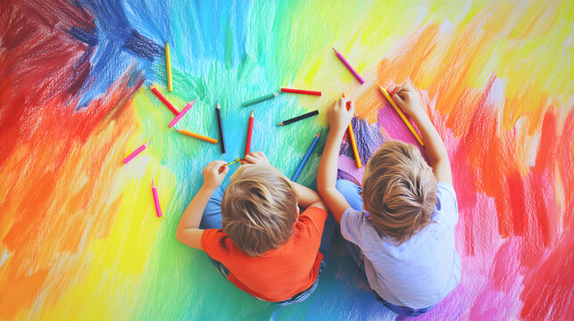 dos ni&ntilde;os sentados sobre un fondo colorido pintado con crayones o pintura de acuarela con colores para dibujar y celebrar el dia del ni&ntilde;o felicidad y alegria