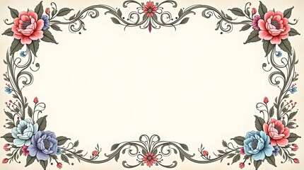 Elegant Vintage Floral Frame with Ornate Details and Soft Colors, Intricate Decorative Border with Floral Accents and Swirls, Classic Floral Invitation Background with Vintage Design