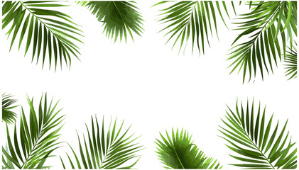Tropical plant branches with green palm leaves, vector tropical frame on transparent background, jungle foliage border, summer nature frame, exotic botanical template, tropical greenery,