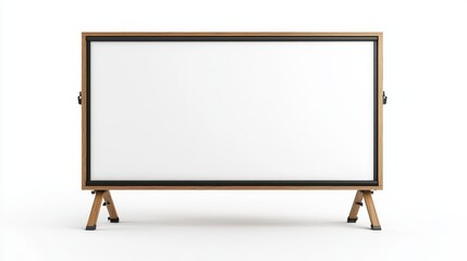 Obraz premium A minimalist wooden frame TV stand with a large blank screen, set against a white background, emphasizing simplicity and modern design.