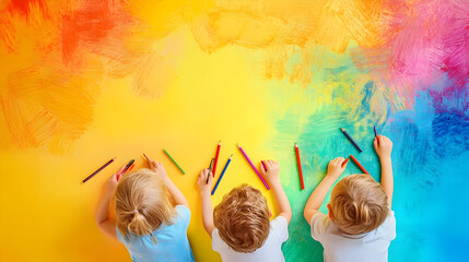 un fondo divertido e infantil pintado en acuarela con colores llamativos con niños acostados con colores ibujando e ilustrando sobre el fondo con espacio de copia para celebrar el dia del niño