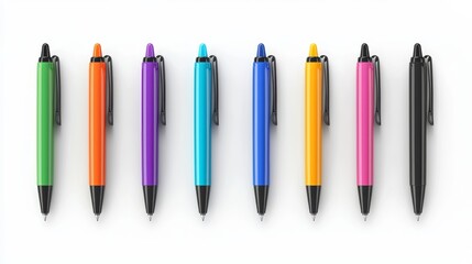 A vibrant lineup of colorful pens arranged neatly in a row on a white background, showcasing various hues and designs.