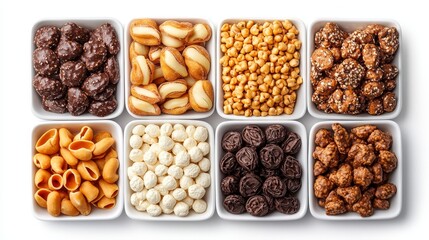 Obraz premium An assortment of various snacks neatly arranged in eight small bowls, showcasing different shapes and flavors.