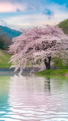 Naklejka premium Pink Cherry Blossom Overlooking Clear Lake