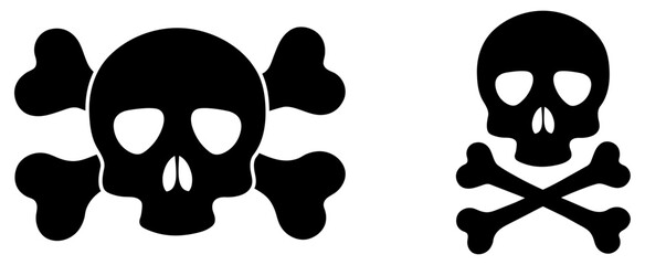 Skull and crossbones icon in a flat design in black color on white background.  Jolly Roger logo template. Danger warning skull design. Toxic symbol black silhouette. Vector illustration