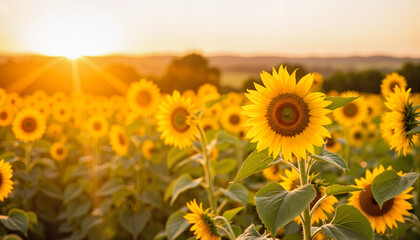 Fototapeta premium Vibrant sunflowers glowing in warm afternoon light, rural serenity