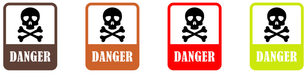 Danger sign board with skull. Human skull with crossed bones on white background. Spooky skull vector artwork. Skeleton danger sign graphic. Chemical warning skull design. Danger emblem with skull