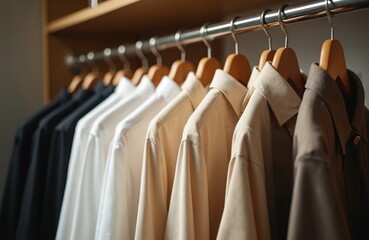 Obraz premium Row of shirts hanging on rail in closet. Clothes on wooden hangers of various colors. Apparel garment industry concept. Photo represents fashion retail, laundry service, or organization.