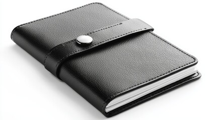 A sleek black notebook with a textured cover and a button closure, perfect for jotting down notes and ideas.