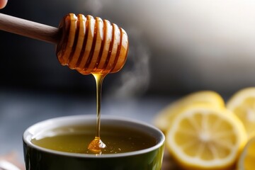 A honey dipper drips golden honey into a cup of green tea, creating a beautiful contrast. Fresh lemon slices accompany the drink, enhancing its flavor and freshness, inviting a relaxing moment