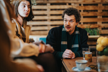 Group of people conversing in a casual setting, characterized by a cozy cafe environment and wood paneling in the background, creating a warm and inviting atmosphere.