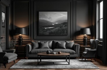 Black interior design with couch, chair, wood table and lamp. The room features black monochrome painting, and a patterned carpet. Dark colors provide luxury and a modern minimalist style.