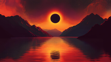 Fiery sunset over a tranquil lake, silhouetted mountains, and a breathtaking total solar eclipse. a dramatic and awe-inspiring natural scene. Solar Eclipse Over Mountains. Illustration