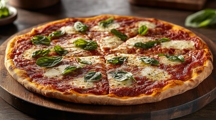 Delicious Margherita Pizza on Wooden Board, Kitchen Setting