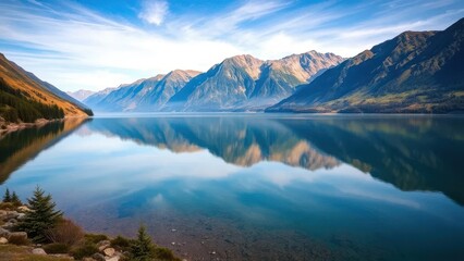A tranquil lake in the heart of an osmate valley, reflection, mountains, peaceful
