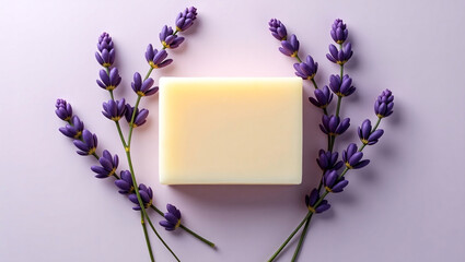 Handmade organic lavender soap bar, natural skincare product mockup on a soft lilac background. Ideal for beauty, wellness, and self-care concepts.