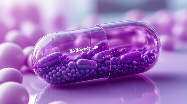 Purple capsule containing molybdenum particles and pills set against a blurred background with soft lighting