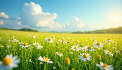 A field of chamomile sways gently in the warm breeze, wildflowers, landscape, wind