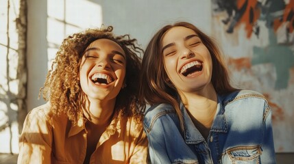 Best friends laughing playfully in creative studio.