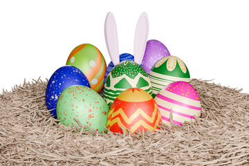Festive Easter egg arrangement with bunny ears in straw